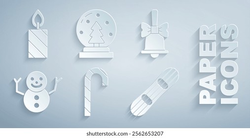 Set Christmas candy cane, Merry ringing bell, snowman, Snowboard, globe and Burning candle icon. Vector