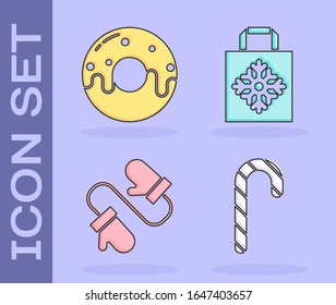Set Christmas candy cane with stripes, Donut with sweet glaze, Pair of knitted christmas mittens and Christmas paper shopping bag icon. Vector