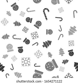 Pon caña de caramelo de Navidad con rayas, globo de nieve de Navidad con nieve caída, árbol de Navidad y copo de nieve en un patrón impecable. Vector