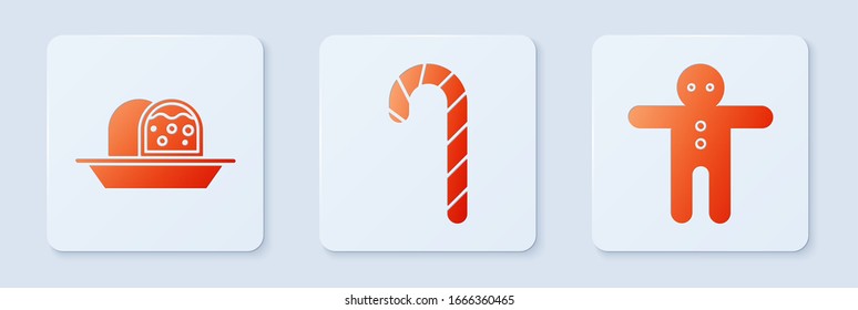 Set Christmas candy cane with stripes, Marzipan sponge cake and Holiday gingerbread man cookie. White square button. Vector