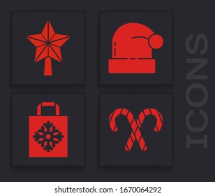 Pon caña de dulces de Navidad con rayas, estrella de Navidad, sombrero de Papá Noel de Navidad y icono de bolsa de compras de papel de Navidad. Vector
