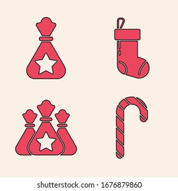 Set Christmas candy cane with stripes, Santa Claus bag gift, Christmas stocking and Santa Claus bag gift icon. Vector