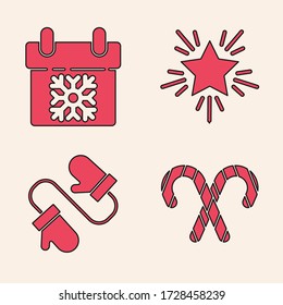 Set Christmas candy cane with stripes, Calendar, Christmas star and Pair of knitted christmas mittens icon. Vector