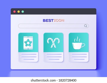 Set Christmas candy cane with stripes, Christmas on smartphone and snowflake and Coffee cup icon. Vector