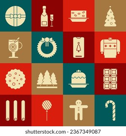 Set Christmas candy cane with stripes, Chocolate bar, sweater, Nougat nuts, wreath, Mulled wine glass of drink, Gift box and Smartphone gift icon. Vector
