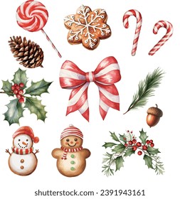 Set of Christmas candy and cookie decorations watercolor vector illustration,set of christmas elements	
