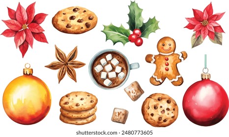 Conjunto de Navidades de dulces y galletas decoraciones Ilustración vectorial de acuarela, conjunto de Elementos de Navidad