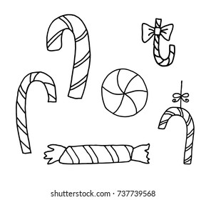 Set of Christmas candy. Hand drawn doodle illustration. Festive decor.