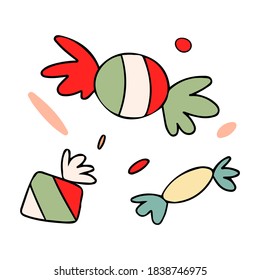 Set of Christmas candy sweets, caramel, cartoon vector. Holidays elements for the calendar, design on a white background.