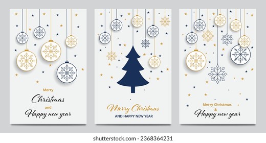 Set of Christmas card backgrounds with blue and golden shapes of christmas ball, snowflake icons and stars.