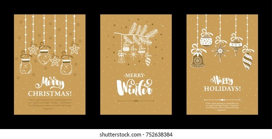 Set Christmas card with calligraphy. Hand drawn design elements.