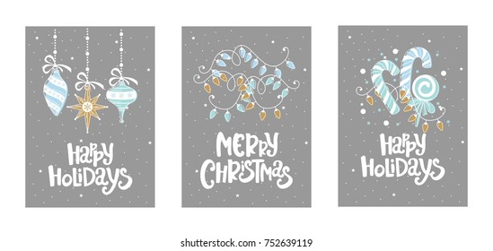 Set Christmas card with calligraphy. Hand drawn design elements.