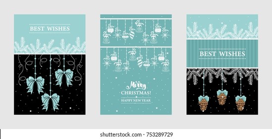 Set Christmas card with calligraphy. Hand drawn design elements.