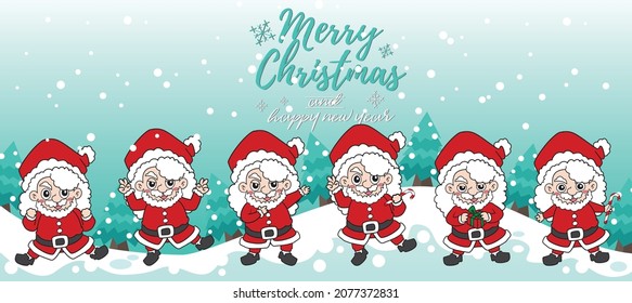 Set of Christmas Card, Character illustrations isolated on Green. Funny happy Santa Claus character with Christmas tree and gift vector.