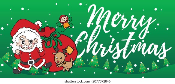 Set of Christmas Card, Character illustrations isolated on Green. Funny happy Santa Claus character with Christmas tree and gift vector.