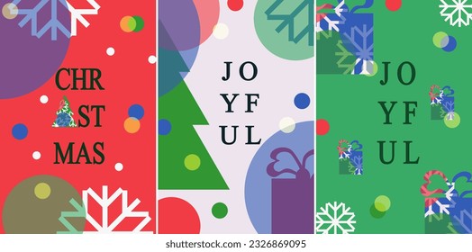 Juego de la cubierta de la tarjeta de Navidad en estilo moderno. Afiche de Navidad con árbol de Navidad, caja de regalo y copos de nieve. Banner de Año Nuevo de estilo minimalista para sitio web. Arte vector.  