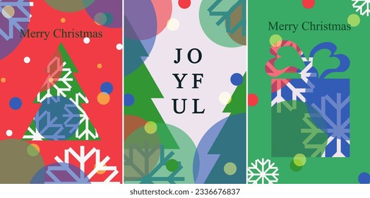 Set of Christmas Card Cover in trendy style. Xmas 2024 poster with Christmas tree, gift box  and snowflakes. New Year banner in minimalist style for website. Vector Art. Family holiday