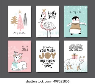 Set of Christmas card with cute animals
