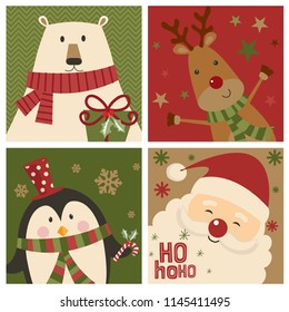 Set of Christmas card with cute character, Santa Clause, bear, reindeer and penguin