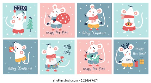 Set Christmas card with cute rats. Hand drawn vector illustration