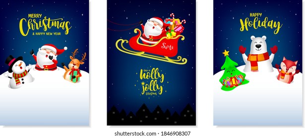 Set of Christmas card design, Santa Claus, Snowman, Reindeer Elf, bear and fox. Merry Christmas and Happy new year concept. Illustration.