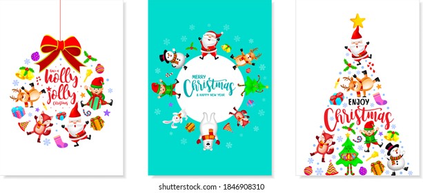 Set of Christmas card design, Santa Claus, Snowman, Reindeer Elf, bear and fox. Merry Christmas and Happy new year concept. Illustration.