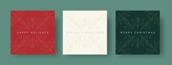 Set Of Christmas Card Designs With Elegant Geometric Christmas Star Illustration. Modern Luxury Christmas Cards With Merry Christmas, Season's Greetings, Happy Holidays Text. Vector Design Template.