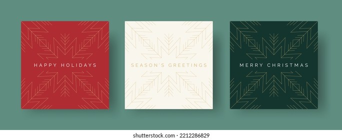 Set of Christmas Card Designs with Elegant Geometric Christmas Star Illustration. Modern Luxury Christmas Cards with Merry Christmas, Season's Greetings, Happy Holidays Text. Vector Design template.