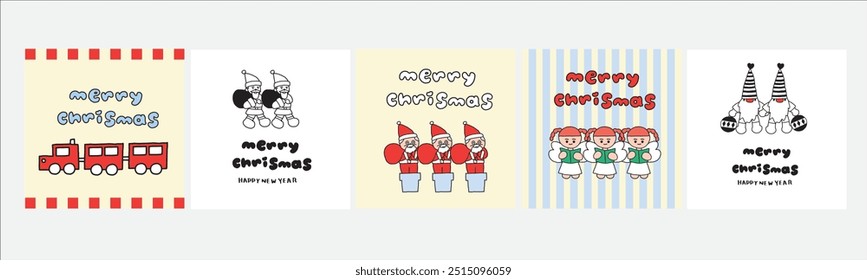 Um conjunto de desenhos de cartão de Natal em formato EPS, com ilustrações bonitas e divertidas. Inclui vários elementos como trens, Papai Noel, elfos e anjos com o texto "Feliz Natal". Perfeito para férias