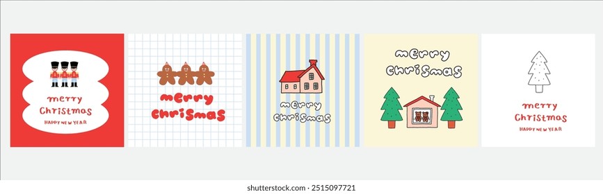 Um conjunto de desenhos de cartão de Natal em formato EPS, com ilustrações bonitas e divertidas. Inclui vários elementos como trens, Papai Noel, elfos e anjos com o texto "Feliz Natal". Perfeito para férias