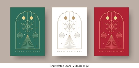 Set of Christmas Card Designs with Geometric Christmas Scene Illustration. Modern Christmas Cards with Tree and Baubles Decoration in Frame. Merry Christmas, Season's Greetings, Happy Holidays Text. 