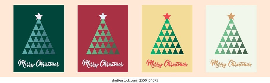 set christmas card designs with geometric christmas tree illustration