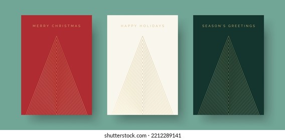 Set of Christmas Card Designs with Golden Geometric Christmas Tree Illustration. Modern Luxury Christmas Cards with Happy Holidays, Season's Greetings, Merry Christmas Text. Vector Design Template.