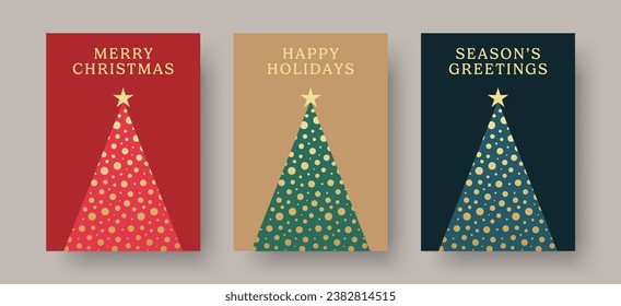 Set of Christmas Card Designs with Golden Decorative Christmas Tree Illustration. Modern Luxury Christmas Cards with Merry Christmas, Season's Greetings, Happy Holidays Text. Vector Design template.