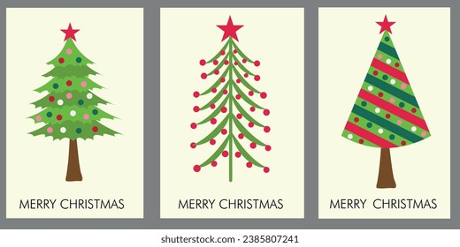 Set of Christmas Card designs with Minimalist green Christmas trees Illustration designed in simple Scandinavian style. Vector design template for flyers, posters and banners. 