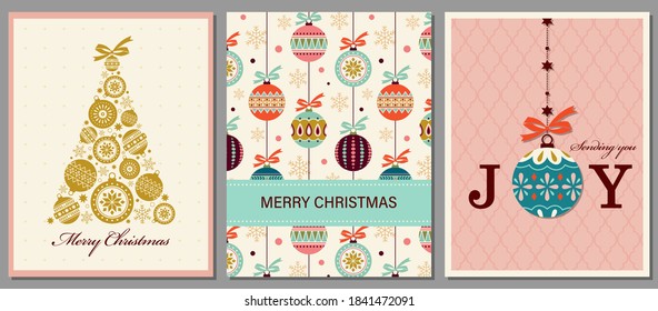 Set of Christmas card designs with Christmas ornaments. 