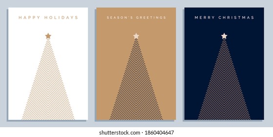 Set of Christmas Card Designs with Simple Geometric Christmas Tree Illustration. Modern Luxury Christmas Cards with Merry Christmas, Season's Greetings, Happy Holidays Text. Vector Design template. 