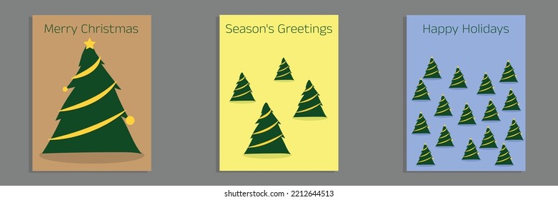 Juego de diseños de tarjetas de Navidad con simple ilustración geométrica de árbol de Navidad. Tarjetas navideñas de lujo modernas con Feliz Navidad, Saludos de temporada, Felices Fiestas Textos.  Plantilla de diseño de vectores.
