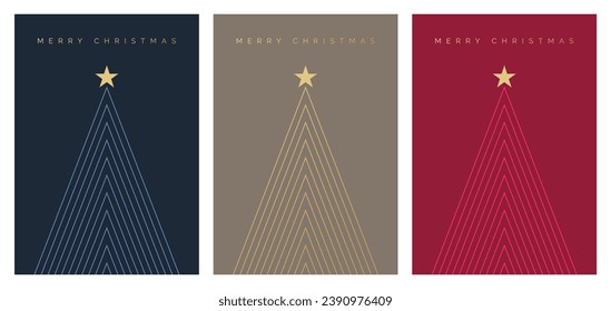 Set of Christmas Card Designs with Simple Geometric Christmas Tree Illustration. Modern Luxury Christmas Cards with Merry Christmas, Season's Greetings, Happy Holidays Text. Vector Design template. 