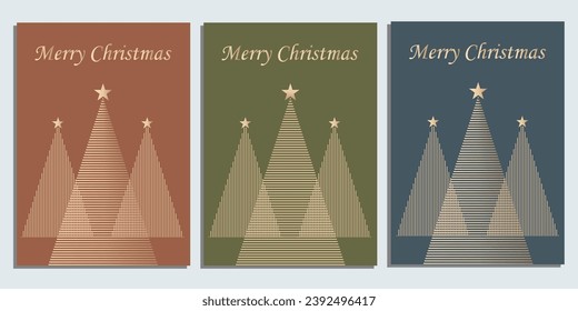 Set of Christmas Card Designs with Simple Geometric Christmas Tree Illustration. Modern Luxury Christmas Cards with Merry Christmas