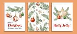 Set Of Christmas Card With Fir Branches, Christmas Balls, Gingerbread, Christmas Cookies. Vector  Watercolor Illustration For Greeting Card And Invitation. Winter Holidays Poster.