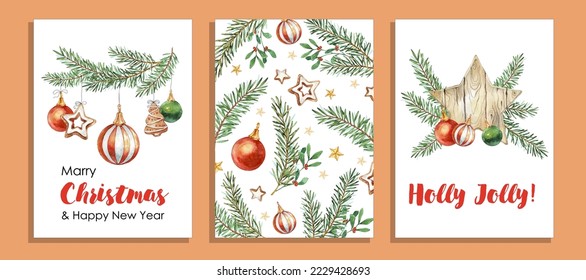 Juego de tarjetas de Navidad con ramas de Fir, bolas de navidad, pan de jengibre, galletas de navidad. Ilustración Vector Watercolor para tarjeta de felicitación e invitación. Afiche de las vacaciones de invierno.