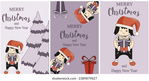 
Set Christmas card with funky weird Cartoon Character with gift box. Trendy retro xmas card with funny person in Santa hat. Vector illustration can used celebration banner, poster, web pages.