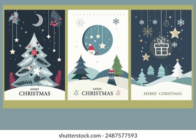 Set of Christmas card in green earth tone colour, minimal simple with paper cut style.