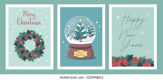 Set of Christmas card. Happy new year flyer template. Fir tree, snow glass ball, Christmas wreath, greeting text. Variety of winter holiday. Vector cartoon flat illustration	