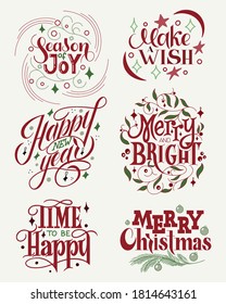 A set of christmas card lettering designs - merry christmas and happy new year quotes and phrases. Inscriptions for cards, posters and prints.