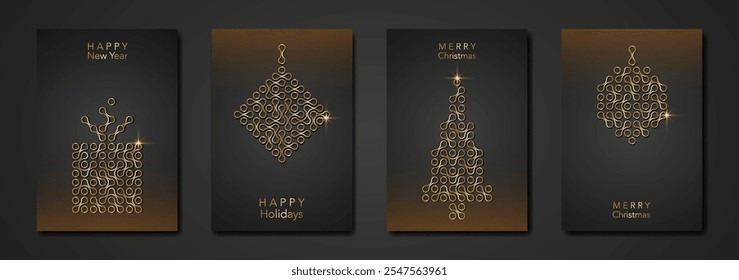 Set Christmas card in modern minimalist geometric style, gold texture, golden luxury black background, elements for calendar and greetings cards or Happy New Year themed winter holiday invitations 