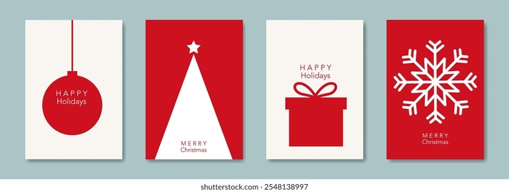 Set Christmas card in modern minimalist geometric style, red and white backgrounds, elements for calendar and greetings cards or Happy New Year themed winter holiday invitations 