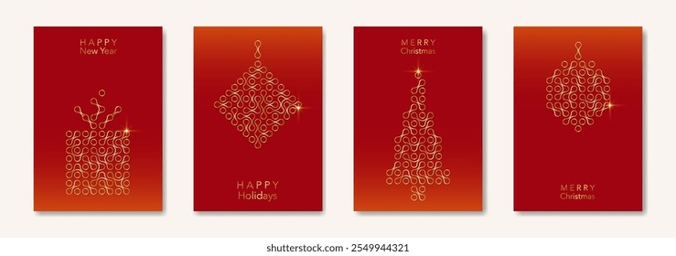 Set Christmas card in modern minimalist geometric style, gold texture, golden luxury red background, elements for calendar and greetings cards or Happy New Year themed winter holiday invitations 