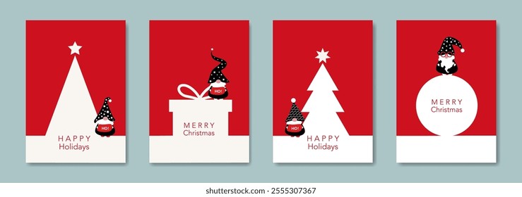 Set Christmas card in modern minimalist geometric style and Scandinavian nordic gnome, elf. Elements for calendar, greetings cards or Happy New Year themed winter holiday invitations red background